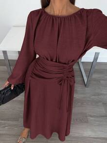 Siren Gaze Women's Brown Round Neck Bell Sleeve Waist Tie Elegant Dress, Back To School Outfit, Country Concert Outfit, Business Casual Women's Outfit, Women's Teacher Outfit, Women's Date Night Outfit, Birthday Outfit, Women's Brunch Outfit, Western Outfit, Business Casual Women's Outfit Siren Gaze New Women's Fashion Striped Ruched Waist Dress Brown Dress Winter Christmas Party Chic Red Evening Dress Burgundy - Burgundy - View 5