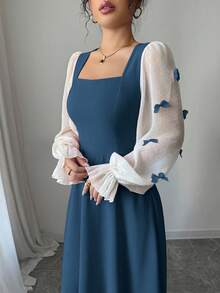 Modelyn 女式异质面料拼接蝴蝶结装饰3D花卉腰部收腰中长连衣裙 - 藏蓝色 - 查看 4