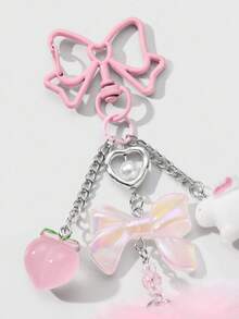 ROMWE Kawaii 1 chiếc nơ nhựa lấp lánh dễ thương và thời trang, hình quả đào, thỏ, trái tim tua rua DIY làm móc khóa/túi, thích hợp cho phụ nữ, bé gái, trang phục hàng ngày, quà tặng ngày lễ - Hồng - Xem 4