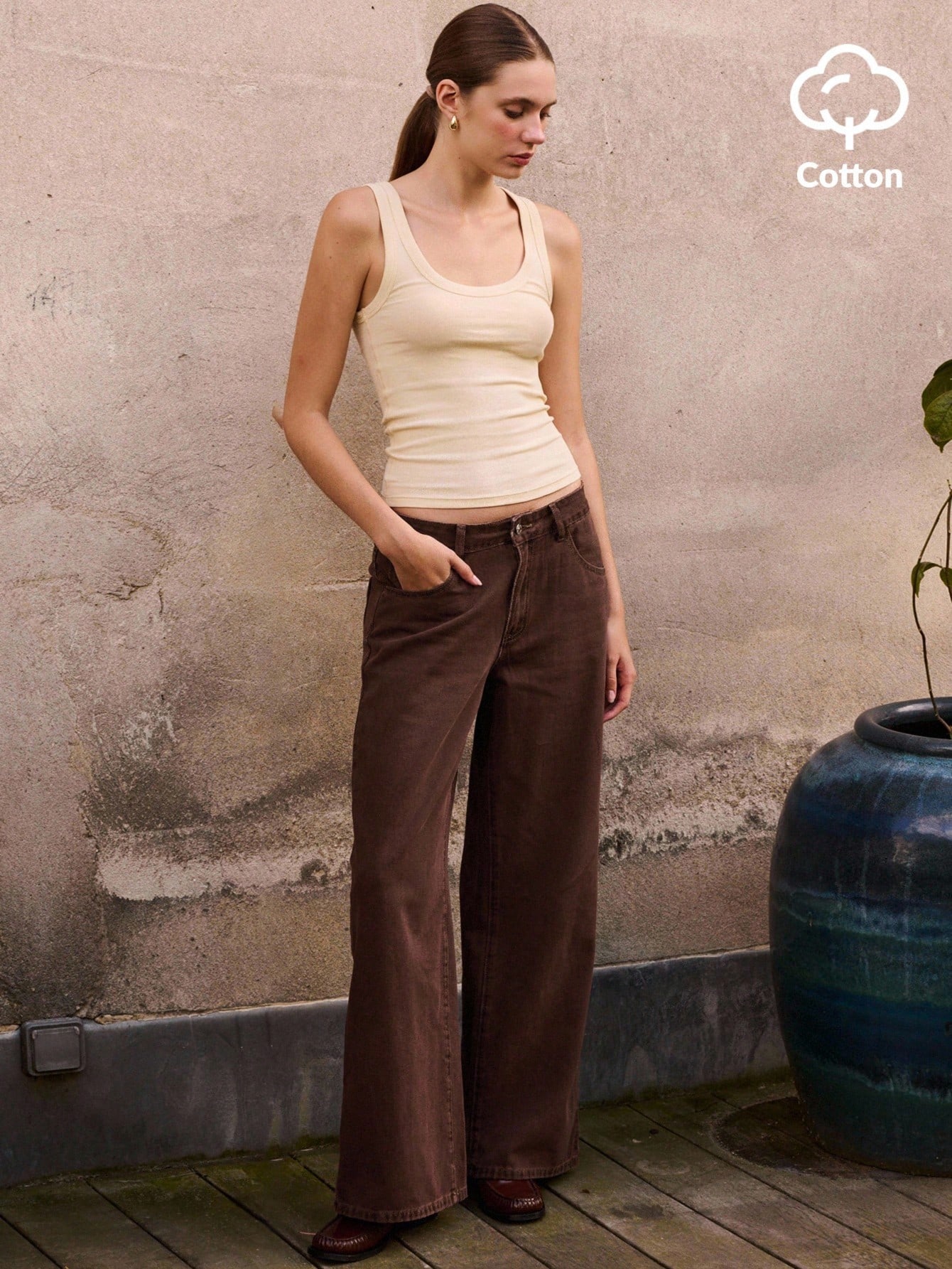 Calça Pantalona de Cintura Baixa Marrom, Roupas Femininas de Outono e Inverno