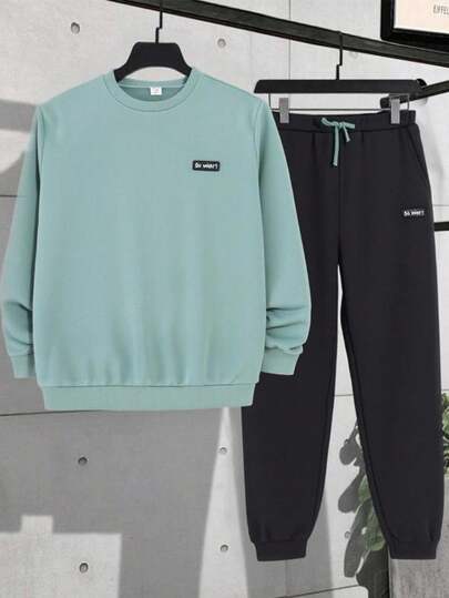 SHEIN 青少年男孩休闲街头时尚纯色装饰标记舒适纯色长袖运动衫和运动裤套装，适合通勤、上学、日常休闲、度假、运动、派对、秋冬