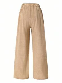 SHEIN Explorewe 简约飘逸宽松阔腿裤，带编织标签装饰 - 卡其色 - 查看 2