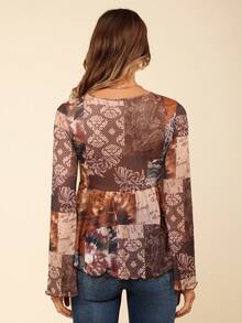 Coeurva 1pc Women's Paisley Print Tie Front Ruffle Trim Summer Blouse - Multicolor - View 5