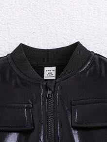 SHEIN Playful Pals 2pcs/Set Toddler Boys Autumn/Winter Glossy Thermal Lined Jacket And Elastic Waist Thermal Lined Pants, Suitable For School, Casual, Personalized, Long Sleeve, Streetwear, 6M-3T, Children Outfit, Infant Clothing Fall - Black - View 4