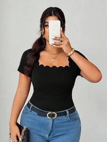 Elenzga 大码时尚休闲黑色方领修身T恤