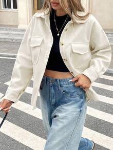 Serisse Women's Casual Solid Color Front Button Dropped Shoulder Jacket, Autumn,Fall Winter White - White - View 3