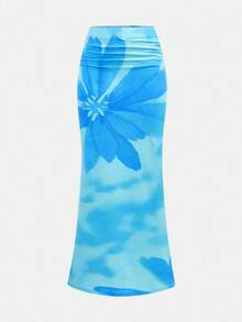 青少年女孩合身休闲简约舒适扎染花卉印花短款抹胸和紧身裙套装 - 淺藍色 - 查看 4