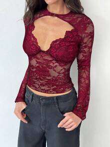 Aloruh Black Lace Music Festival Sheer Sexy Deep V Neck Long Sleeve Blouse For Women,Red Top - Burgundy - View 3