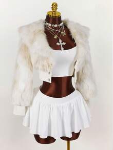 Y2K Amplova 秋季优雅女式大翻领长款皮草长袖不对称纽扣百搭时尚性感腰部仿皮草大衣，适合秋冬派对和上学 - 米色 - 查看 1