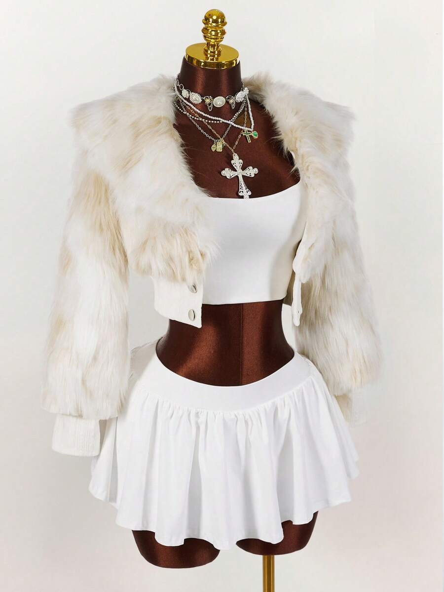 Y2K Amplova 秋季优雅女式大翻领长款皮草长袖不对称纽扣百搭时尚性感腰部仿皮草大衣，适合秋冬派对和上学 - 米色 - 查看 1