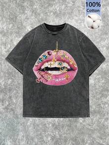 Tseoso 休闲简约街头风格唇彩和钻石印花宽松女式 100% 纯棉黑色水洗圆领短袖 T 恤，适合夏季 - 黑色 - 查看 3