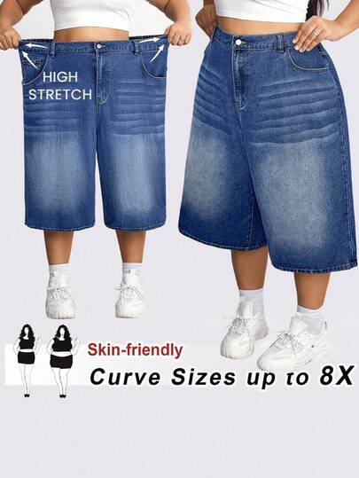 SHEIN CURVE+ 大码宽松休闲黑色牛仔阔腿七分裤