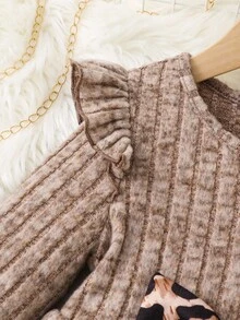 SHEIN 2 件套少女针织纯色圆领拼布豹纹蝴蝶结和豹纹裤 - 棕色 - 查看 5