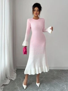 Elenzga Đầm len midi dáng ôm dáng thời trang thanh lịch, sang trọng, thiết kế độc đáo, cổ tròn ombre, viền bèo nhún, dành cho nữ, mặc đi chơi, hẹn hò, đi làm, đi tiệc, thu đông - Hồng - Xem 3