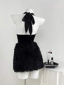 Elamini 女式黑色毛绒露背紧身迷你连衣裙，高端拼接毛茸茸下摆性感派对俱乐部连衣裙 - 黑色 - 查看 2