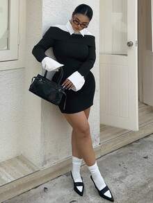 Dazy Plus Đầm len ngắn màu đen ôm sát, co giãn, gợi cảm, cỡ lớn dành cho nữ, mùa thu/đông - màu đen - Xem 5