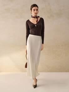 Cévolie Women's V-Neck Long Sleeve Metal Decor Fashion Knit Pullover Sweater, Autumn - Coffee Brown - View 4