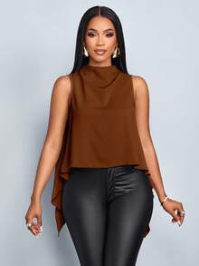 SOLERSUN Áo cánh không tay màu trơn thanh lịch, viền lệch, thời trang xuân hè cho nữ - Cà phê nâu - Xem 8