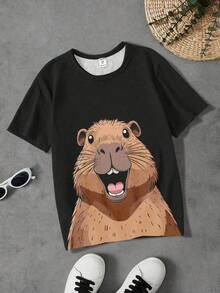 SHEIN 青少年男孩休闲时尚创意卡通水豚印花短袖 T 恤，基本款舒适款式 - 彩色 - 查看 6