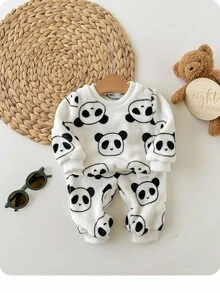 Set pigiama neonato bambina con stampa carina di panda, maniche lunghe, abbigliamento casual per autunno/inverno - Grigio - Visualizzare 3