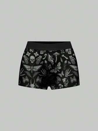 Plus Size Women Gothic Palace Dark Skull Moth Plant Butterfly Mushroom Leaf Allover Print Elastic Waist Shorts
