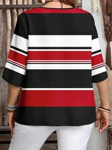 EMERY ROSE Plus Size Casual Striped Colorblock Black, White, Red Shirt, Suitable For Summer - Multicolor - View 2