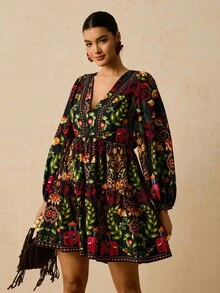 Travachic Đầm ngắn tay phồng cổ chữ V in họa tiết màu xanh navy cỡ lớn, thắt eo khoét lưng khoét nơ, phù hợp cho kỳ nghỉ, tiệc tùng, đi chơi - Màu xanh hải quân - Xem 2