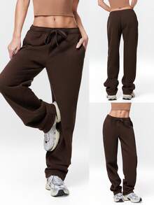 GLOWMODE 30" Pantalones de chándal de pierna ancha de felpa de uso diario con cintura ajustable con cordón y bolsillos laterales para uso casual diario - Marrón Chocolate - Ver 6