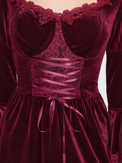 EDITION Halloween Witch Velvet Mystery Bell Sleeve Lace-Up Waist Midi Dress For Women