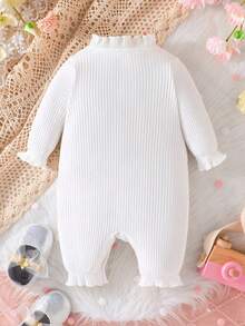 SHEIN 女嬰荷葉邊喇叭袖前蝴蝶結連身褲 - 白色 - 查看 2