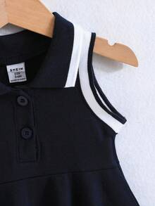 SHEIN Baby Girl Contrast Trim Half Button Sleeveless Dress For Summer - Royal Blue - View 4