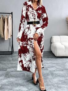 EMERY ROSE Váy sơ mi in họa tiết nhuộm loang thời trang dành cho nữ, váy dài Maxi mùa xuân thu dành cho nữ, váy dài thường ngày, váy dài tay dành cho nữ - Màu Đỏ Sâu - Xem 4