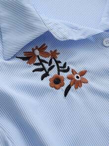 Franclia Women's Basic Blue And White Striped Embroidered Small Flower Shirt + Brown Slim Casual Trousers French Retro Casual Commuting Women's Two-Piece Suit Women's Autumn Clothing Women's Commuting Wear