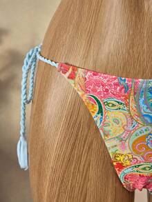 SHEIN Swim Conjunto de Maiô Bikini Casual de Praia de 2 Peças Estampado Retrô Azul Estilo Boho Chic, Multicolorido para Férias e Festas - Multicolorido - Visão 4