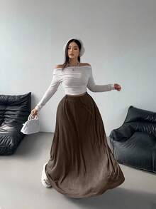 Flirla Váy len dáng rộng màu trơn thời trang đa năng cỡ lớn - màu nâu - Xem 4