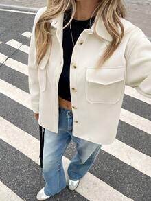 Serisse Women's Casual Solid Color Front Button Dropped Shoulder Jacket, Autumn,Fall Winter White - White - View 7