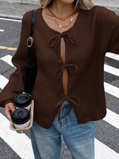 Serisse Cárdigan minimalista de mujer con nudo delantero de unicolor, otoño/invierno