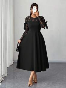 Elenzga Robe élégante à patchwork de dentelle et nœud pour grandes tailles - Noir - Voir 6