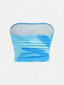 青少年女孩合身休闲简约舒适扎染花卉印花短款抹胸和紧身裙套装 - 淺藍色 - 查看 5