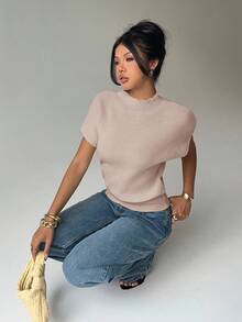 Aloruh 女式休闲纯色蝙蝠袖圆领针织上衣 - 卡其色 - 查看 7