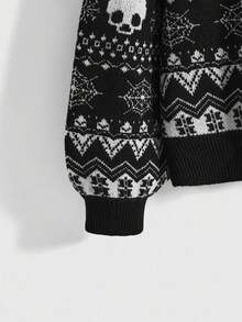 Goth Vintage Dark Skeleton & Bat Jacquard Knit Sweater For Women, Loose Fit Casual Round Neck Pullover, Autumn/Winter - Black - View 4