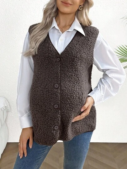 SHEIN 孕妇纯色单排扣休闲背心羊毛羊羔绒外套，秋冬