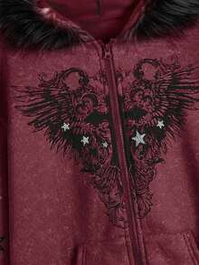 ROMWE Fairycore Áo nỉ trùm đầu tay dài họa tiết hoa loa kèn và đá chéo cho nữ, hở vai, cổ bẻ cho mùa thu/đông, áo dài tay - Màu Đỏ Sâu - Xem 4