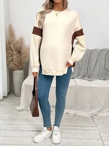 SHEIN 孕妇拼色圆领落肩长袖羊毛衫，秋冬休闲装 - 白色 - 查看 5