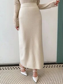 DAZY 女士优雅百搭纯色针织裙，适合通勤 - 米色 - 查看 3