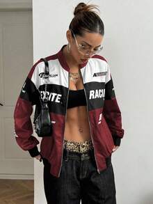 StreetHx Petite 字母印花撞色落肩飞行员夹克，适合新年服装 - 酒紅色 - 查看 3