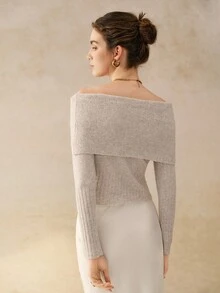 Cévolie Women's Solid Color Twist Knot Off Shoulder Long Sleeve Sweater, Fashionable For Autumn