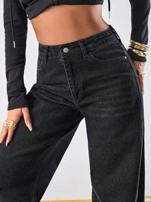 EURMUSE WOMEN CLASSIC HIGH WAIST WIDELEG BLACK WASH DENIM JEAN BACK LABEL AND RİVET - Black - View 3