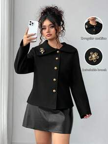 Elenzga Abrigo corto de lana de ajuste ceñido con broche de solapa y accesorios para mujer de talla grande