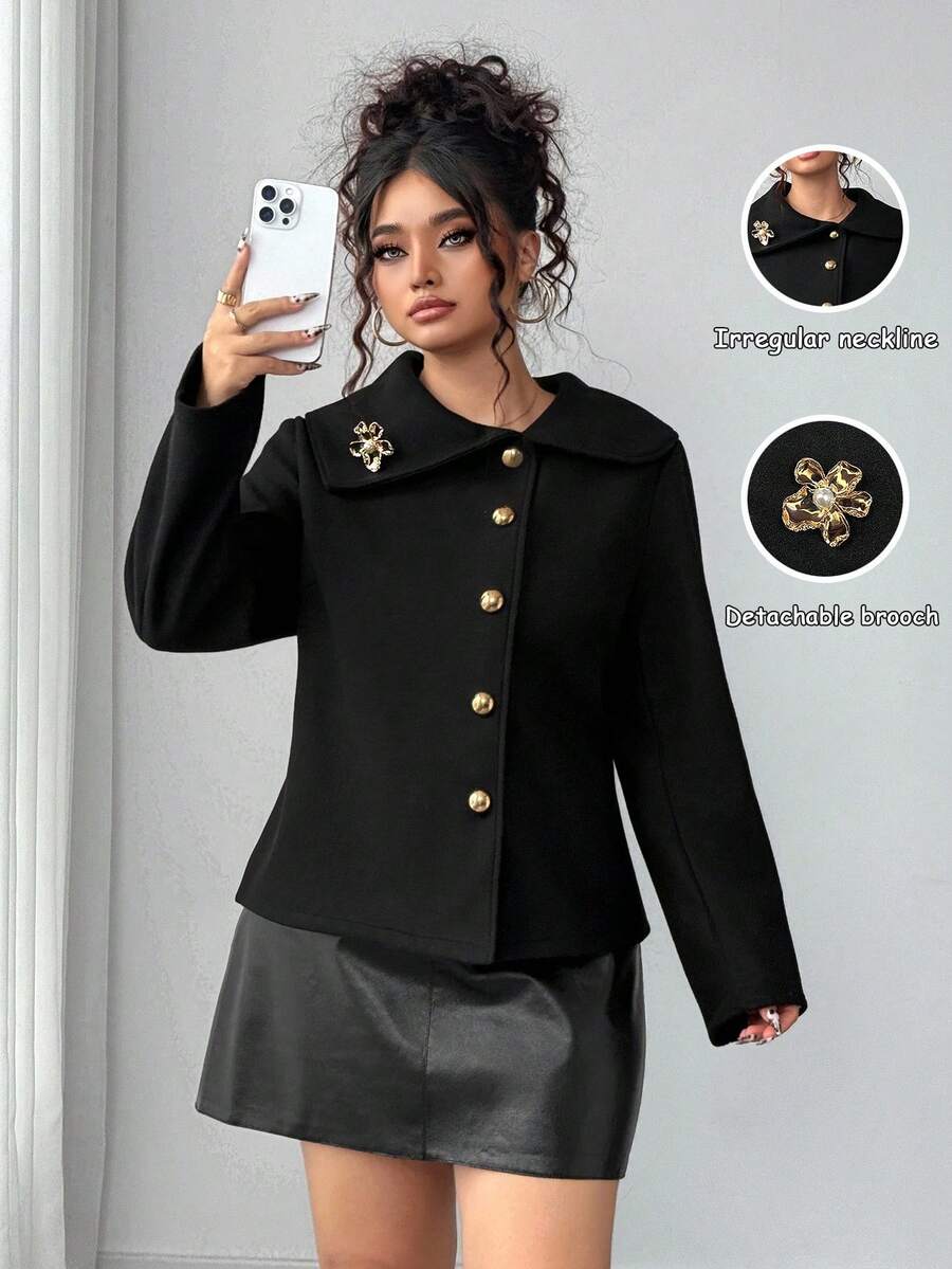 Elenzga Abrigo corto de lana de ajuste ceñido con broche de solapa y accesorios para mujer de talla grande